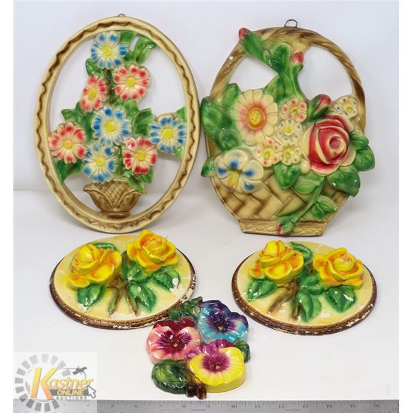 1960'S LOT OF 5 FLORAL CHALKWARE WALL HANGINGS