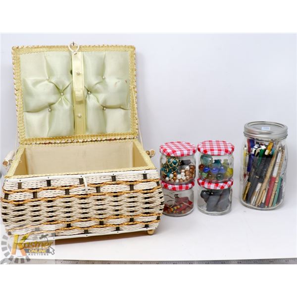 RETRO SEWING BOX FULL OF ESTATE MISC. FILLED JARS