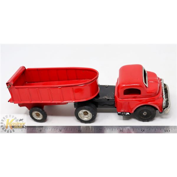 ANTIQUE TIN FRICTION RED DUALLY TRUCK W/ DUMP BOX