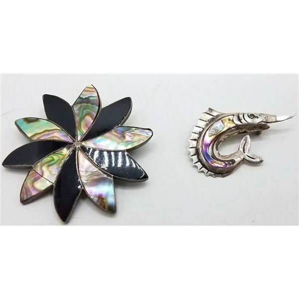 ESTATE 925 SILVER LOT OF ONYX FISH & FLOWER BROOCH