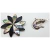 Image 1 : ESTATE 925 SILVER LOT OF ONYX FISH & FLOWER BROOCH