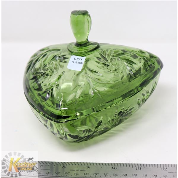GREEN DEPRESSION CUT GLASS LIDDED CANDY DISH