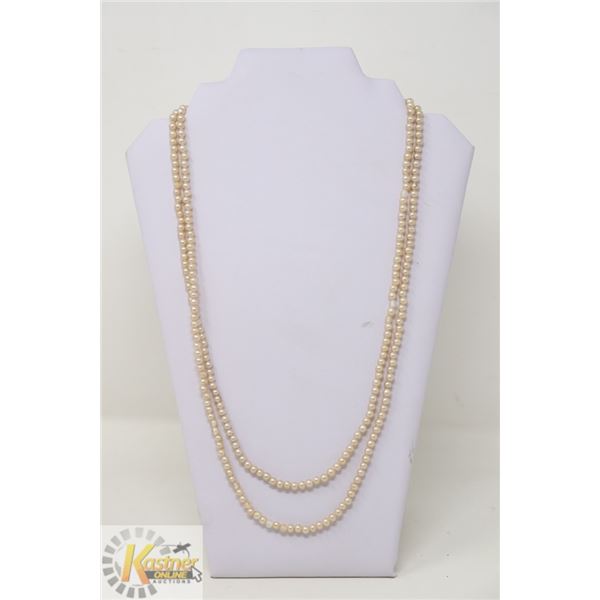 54" VINTAGE LONG BATHED FAUX  PEARL W/ ROUND