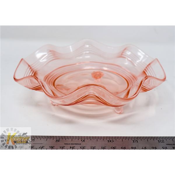 SMALL PINK DEPRESSION FOOTED WAVED GLASS CANDY