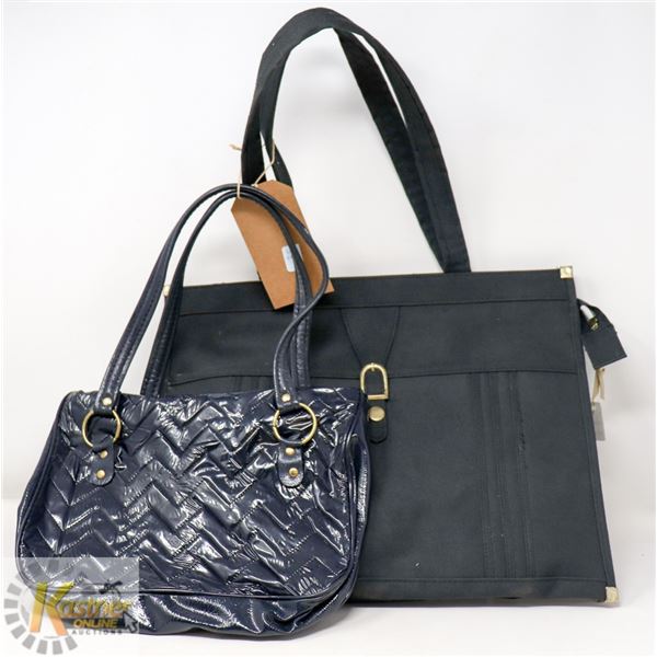 LOT OF 2 HANDBAGS; NAVY HANDBAG & CANVAS TRAVEL