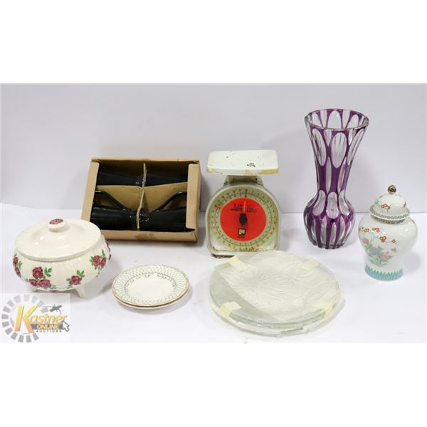 BOX OF ESTATE KITCHENWARE'S; PLATES/ SCALE/ VASE &