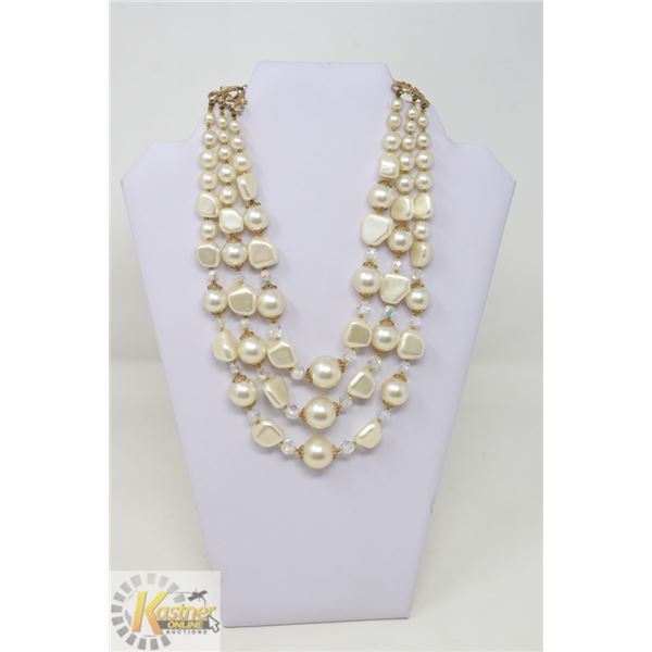 16" VINTAGE ESTATE PEARLESCENT/ BEADED 3 STRAND