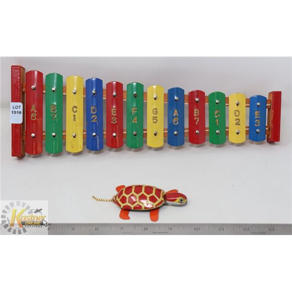 VINTAGE KIDS XYLOPHONE & MECHANICAL TIN PUSH