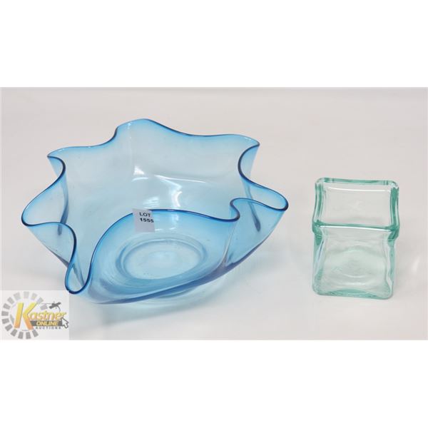 ESTATE BLUE OPALESCENT BLOWN GLASS BOWL & SMALL