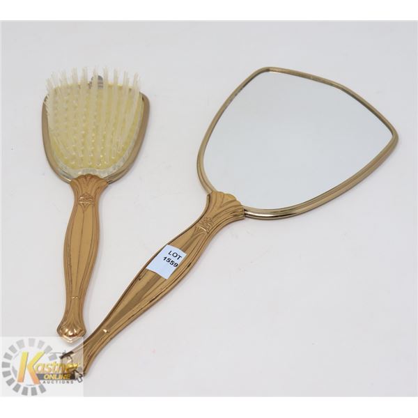 2PC GOLD TONED/ FLORAL BACK VANITY SET; MIRROR