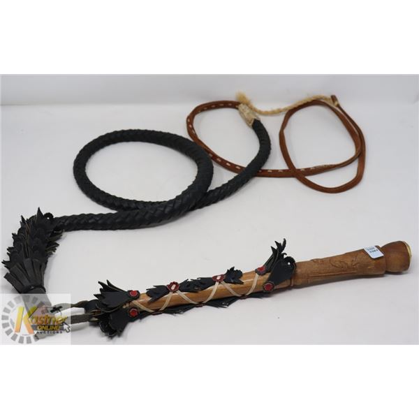 ORNATE LEATHER 8FT HORSE WHIP W/ WOOD CARVED