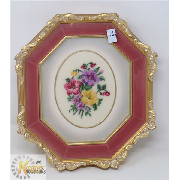 12" X 10.5" GOLD TONED PETIT POINT FLORAL FRAMED