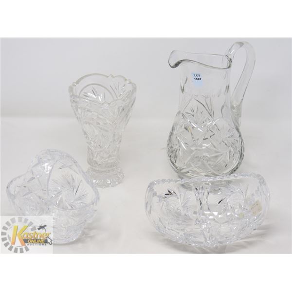 4PC PINWHEEL CRYSTAL GLASSWARE; PITCHER, VASE,