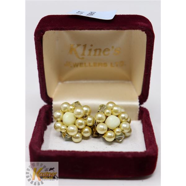FAUX IVORY PEARL/ BEADED CLIP ON ESTATE EARRINGS