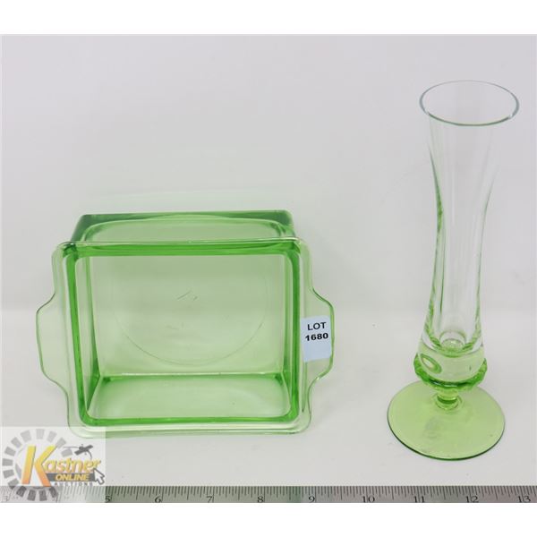 2PC LOT OF GREEN DEPRESSION GLASS PIECES; FLUTE
