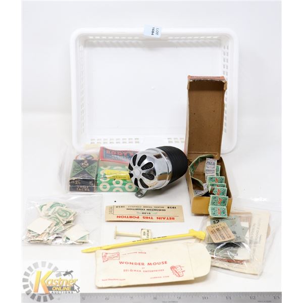 BASKET OF COLLECTIBLE VINTAGE TICKET STUBS/ BIKE