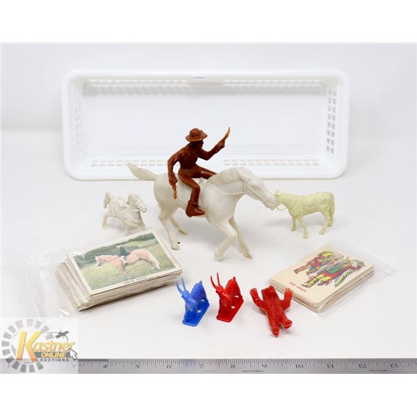 BASKET OF ASSORTED VINTAGE PLASTIC HORSE TOYS/