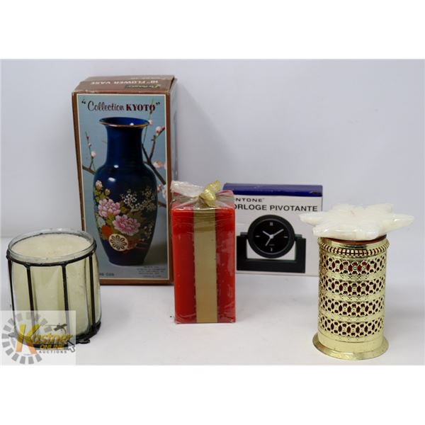 ESTATE BOX OF CANDLES, BOXED CLOCK & VASE