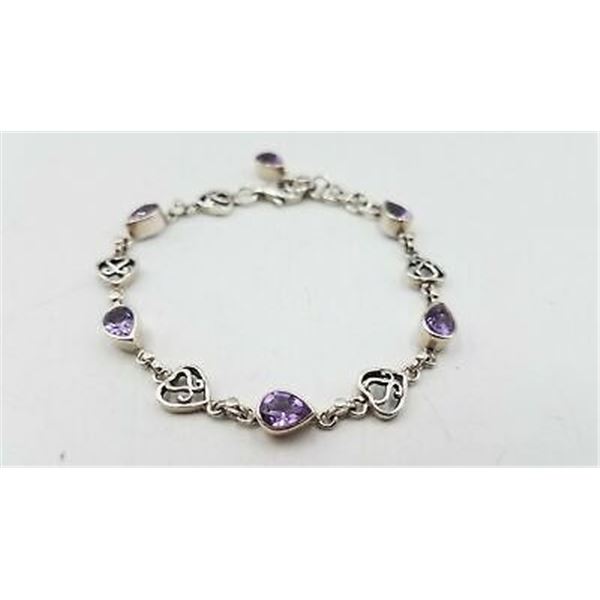 ESTATE 925 SILVER AMETHYST LINK BRACELET
