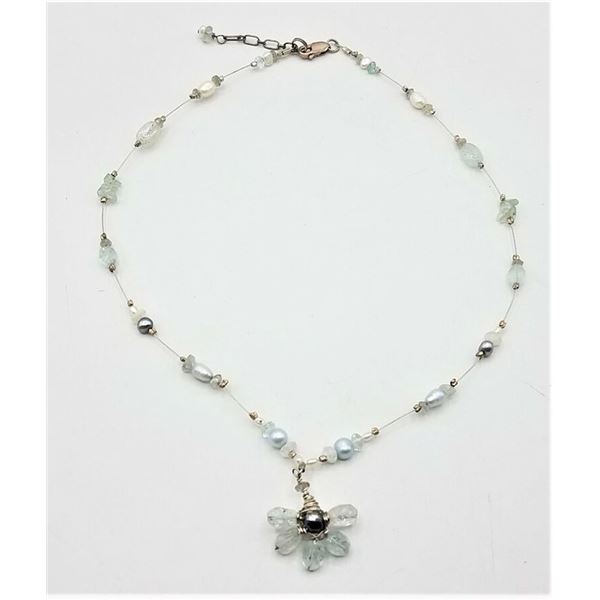 ESTATE 925 ST. SILVER, PEARL, QUARTZ 16" NECKLACE