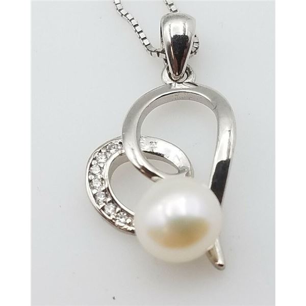 ESTATE 925 SILVER PEARL CZ HEART NECKLACE 18"