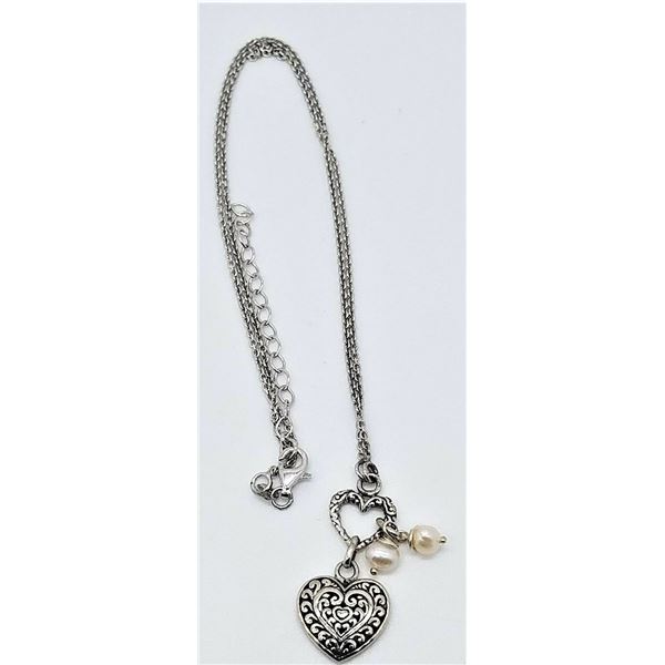 ESTATE 925 SILVER & HEART PEARL PENDANT 16"
