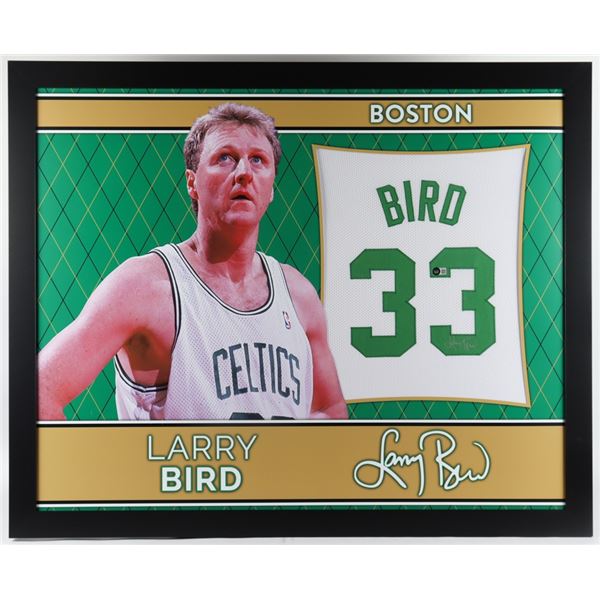 LARRY BIRD SIGNED 35 X 42 FRAMED JERSEY ( SPORTS CARD EDITION) JSA COA
