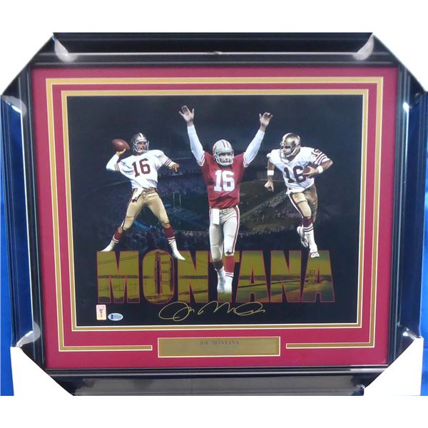 JOE MONTANA SIGNED CUSTOM FRAMED 16 X 20 DISPLAY ( BECKETT COA)