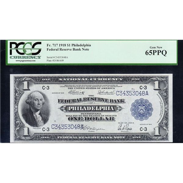 1918 $1 Philadelphia FRBN PCGS 65PPQ