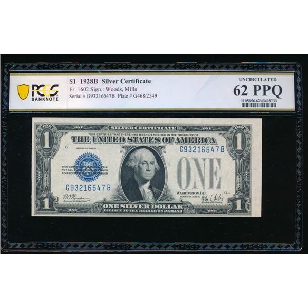 1928B $1 Silver Certificate PCGS 62PPQ