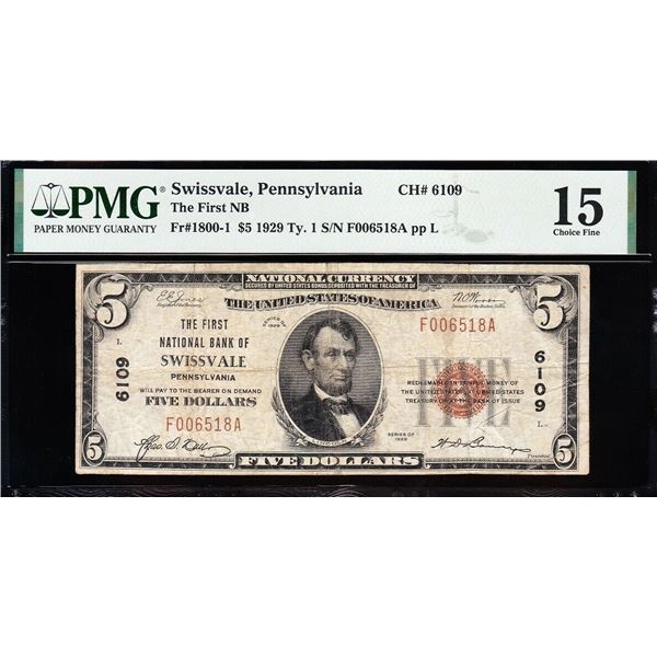 1929 $5 Swissvale PA National PMG 15