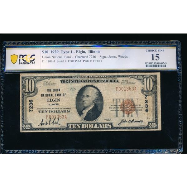 1929 $10 Elgin IL National PCGS 15
