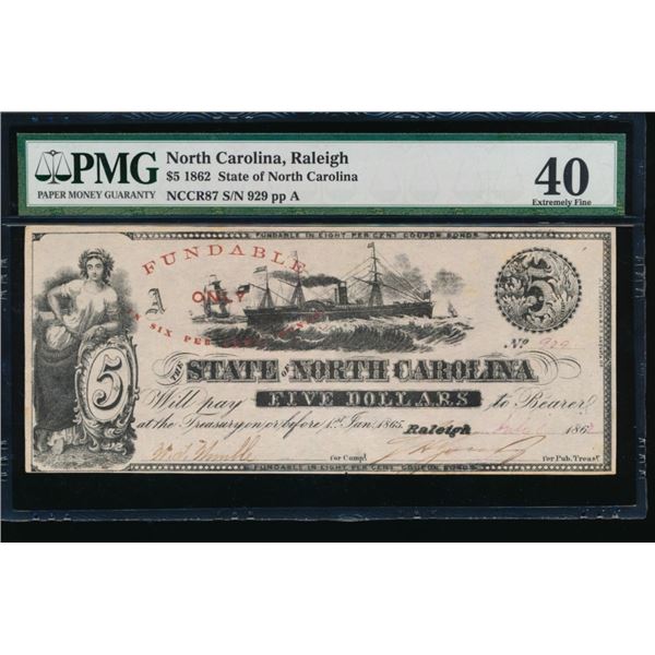 1862 $5 Radar Raleigh NC Obsolete Note PMG 40