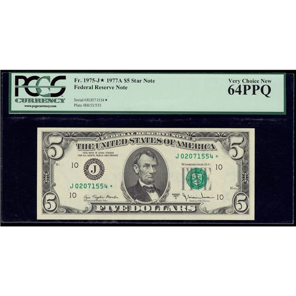 1977A $5 STAR Kansas City FRN PCGS 64PPQ