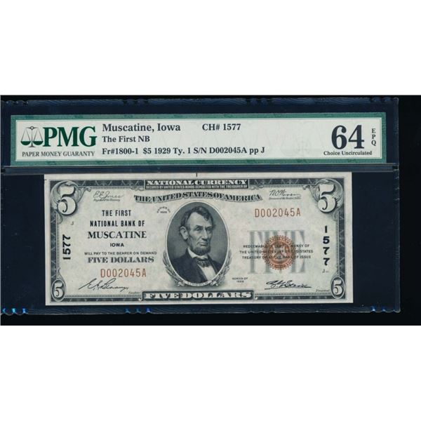 1929 $5 Muscatine IA National PMG 64EPQ