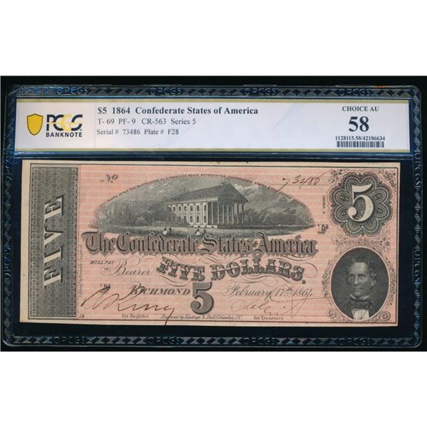 1864 $5 T-69 Confederate PCGS 58