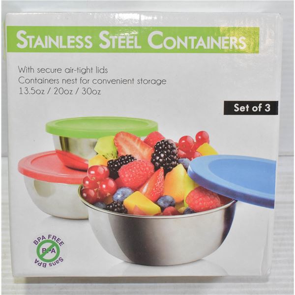 SET OF 3 STAINLESS STEEL STORAGE CONTAINERS WITH