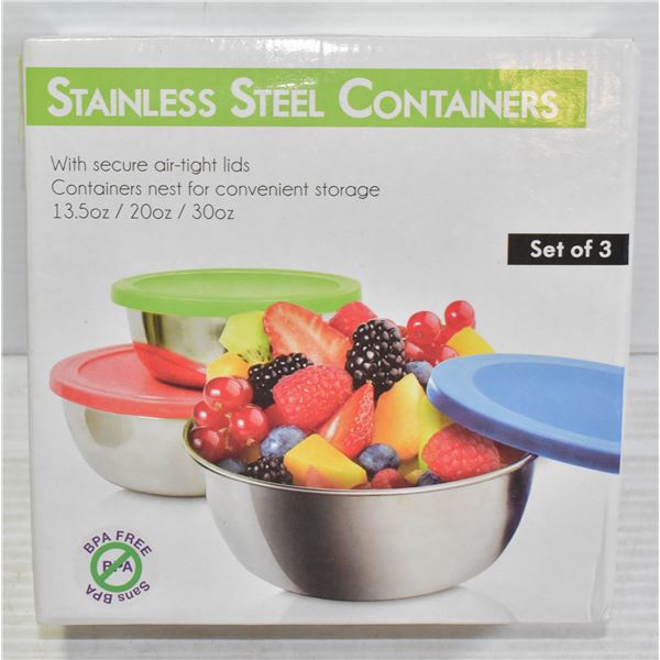 SET OF 3 STAINLESS STEEL STORAGE CONTAINERS WITH