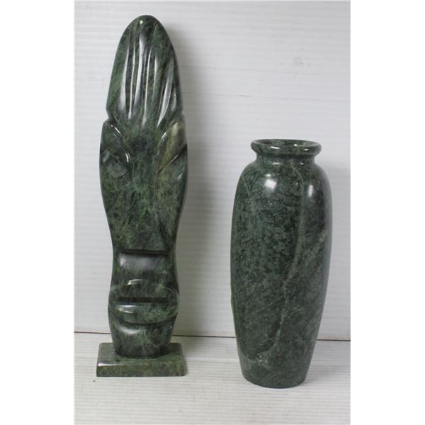 GREEN STONE IDOL AND VASE 10.25  AND 7 