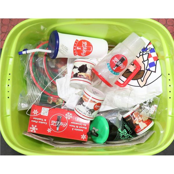 GREEN BIN FULL OF ASSORTED COCA-COLA MEMORABILIA