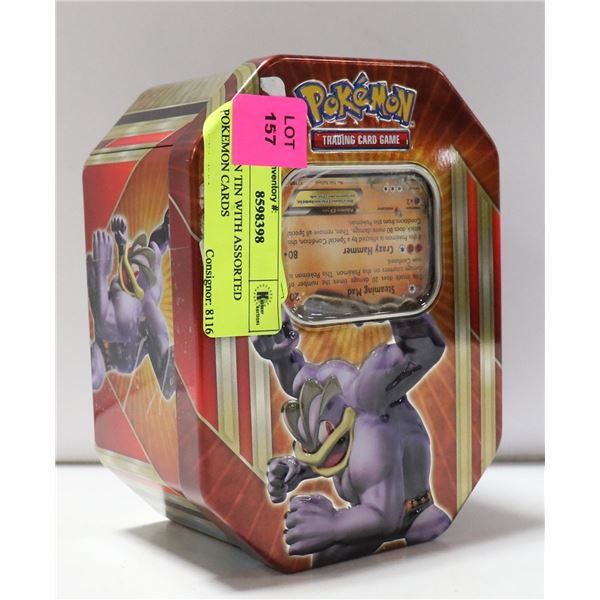 POKEMON TIN WITH ASSORTED POKEMON CARDS