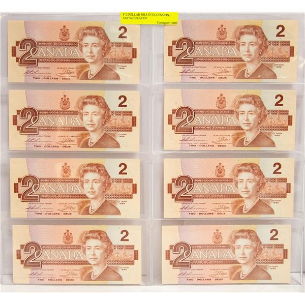 8 X 2 DOLLAR BILS IN SEQUENCE, UNCIRCULATED