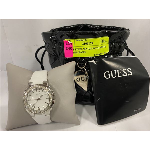 GUESS STEEL WATCH WITH WHITE LEATHER BAND