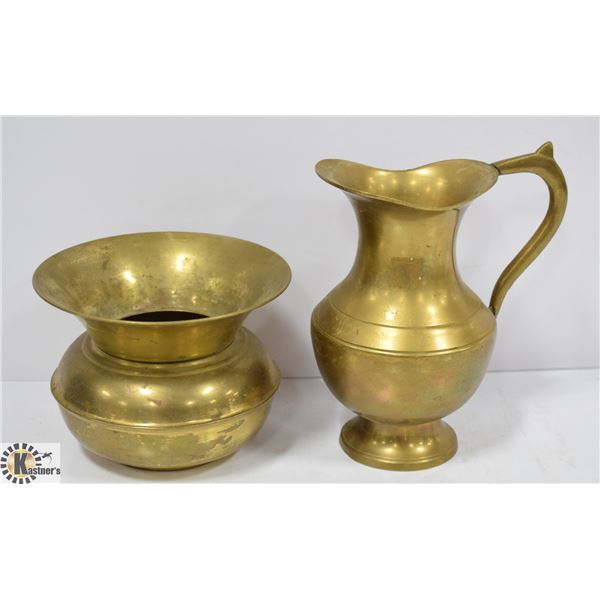 BRASS SPITOON AND KETTLE