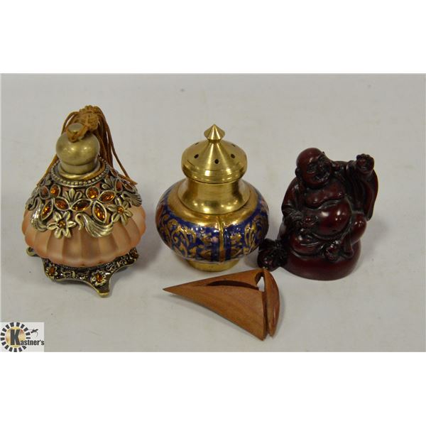 4 ITEM LOT PERFUME ENAMEL WOOD SAIL BRASS