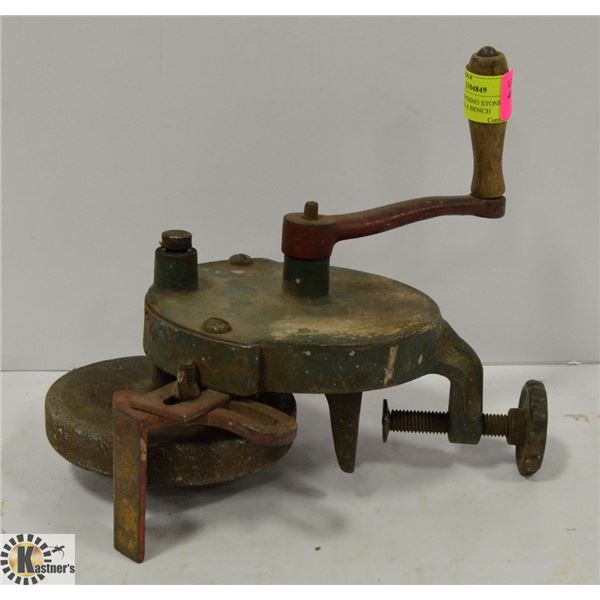 ANTIQUE GRINDING STONE ATTACHES TO BENCH