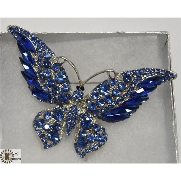 RHINESTONE BUTTERFLY BROOCH WITH BLUE MARQUIS