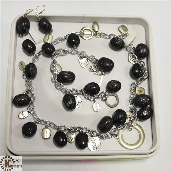 STONE & STAINLESS NECKLACE, BRACELET & EARRING SET