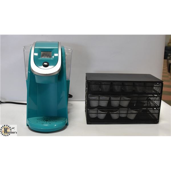 TEAL KEURIG MACHINE + KEURIG CUP HOLDER W/ CUPS