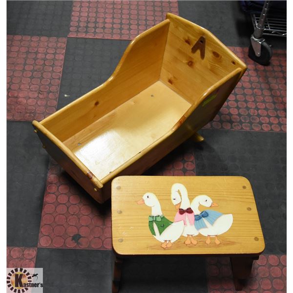 SOLID PINE DOLL CRADLE AND WOODEN CHILD'S STOOL